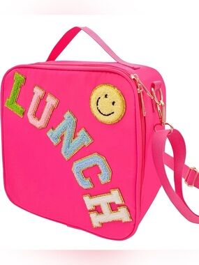 Brand New! Bright Pink 'Lunch' Patch Crossbody Lunch Bag